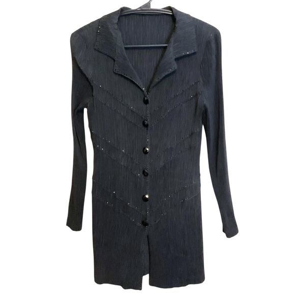 Pleats Textured Black Dressy Blouse S Longline Sparkling Beads Faceted Buttons - Picture 8 of 10